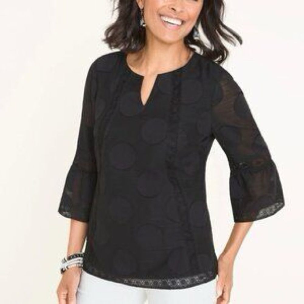 Chico's Lace Trim Dot Texture 3/4 bell Sleeve Black Blouse Sz 3 16/18